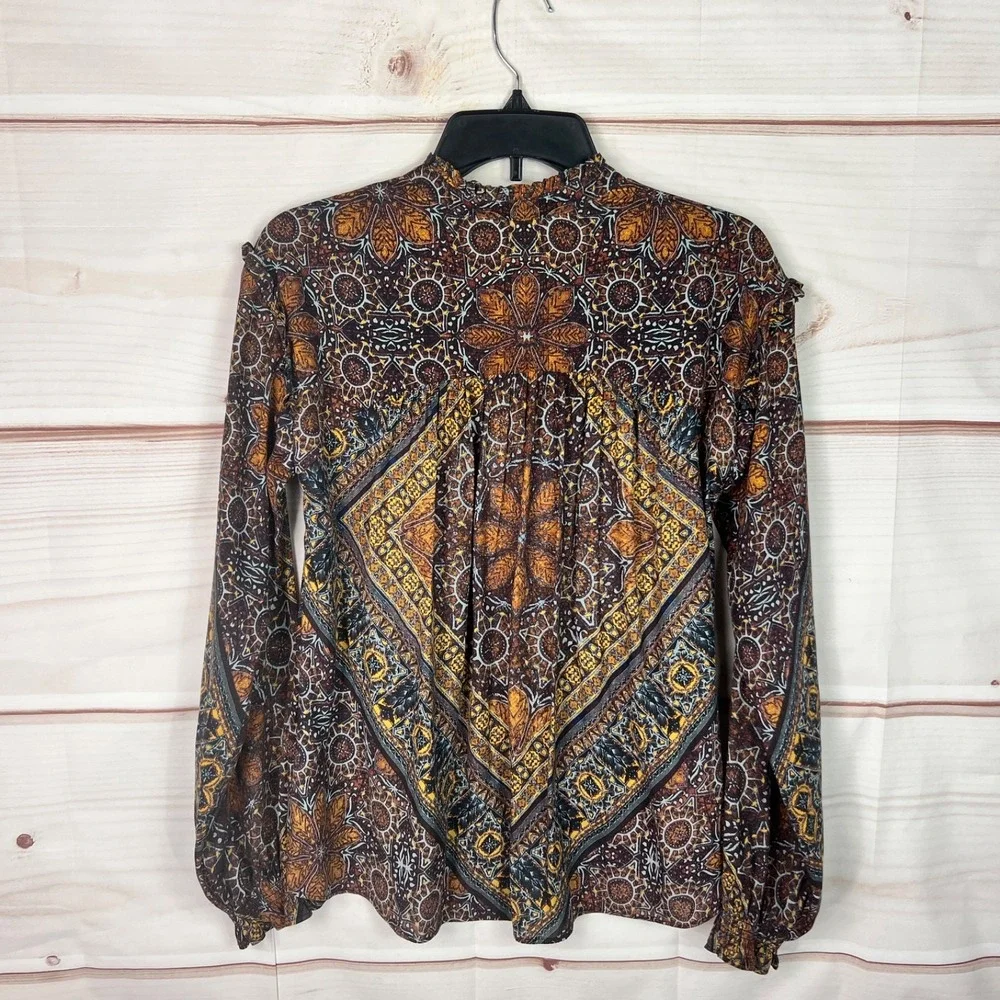 Free People Top Womens XS Little Runaway Blouse Multicolor Tie Neck Boho Peasant